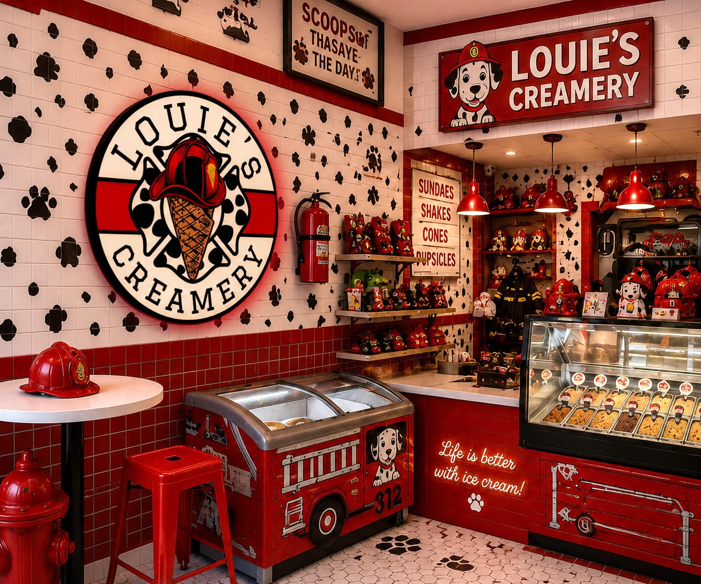 Inside Louie's Creamery — a firehouse-themed ice cream shop with dalmatian tiles and a red firetruck freezer